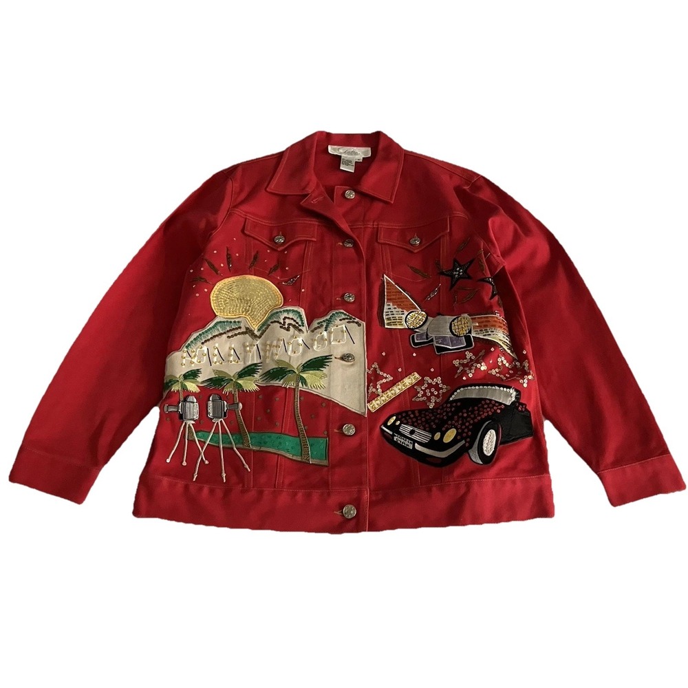 DIANE'S ESSENTIALS Red Denim Jacket Hollywood Sequin Rhinestone Vtg 80s 90s Med